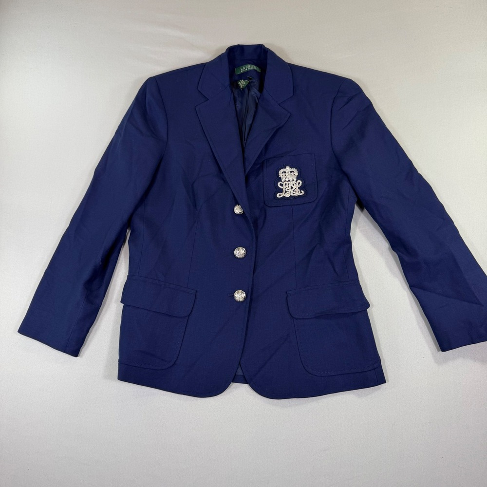 Lauren Ralph Lauren Wool Blazer Silver Crest Buttons Preppy Navy 8 Flaws